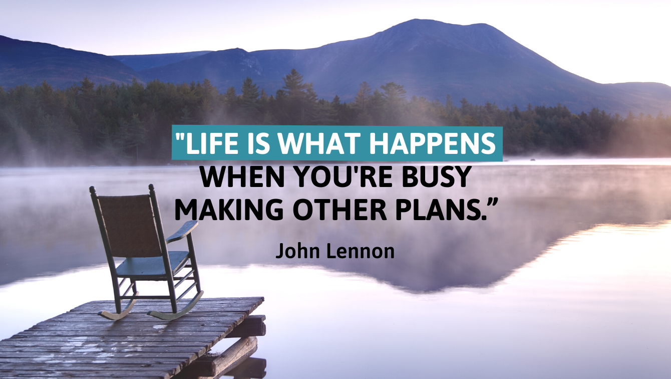 A photo of a rocking chair standing on the pier of a foggy lake with a quote by John Lennon that reads, "Life is what happens when you're busy making other plans"