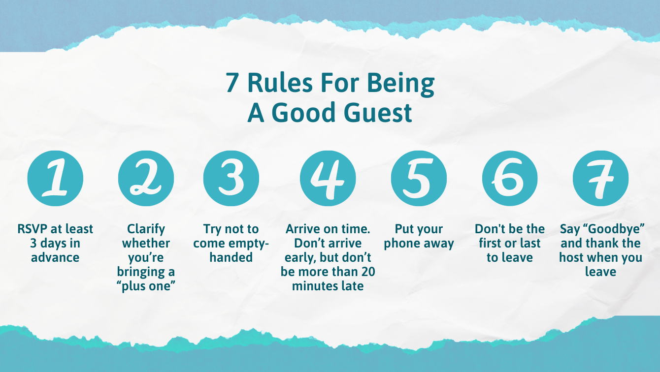 7 rules for being a good guest: 1. RSVP at least 3 days in advance. 2. Clarify whether you're bringing a "plus one". 3. Try not to come empty-handed. 4. Arrive on time. Don't arrive early, but don't be more than 20 minutes late. 5. Put your phone away. 6. Don't be the first or last to leave. 7. Say "Goodbye" and thank the host when you leave.