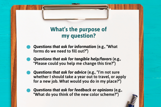 Your questions' purpose could be asking for information, tangible help, advice, and feedback or opinions. 