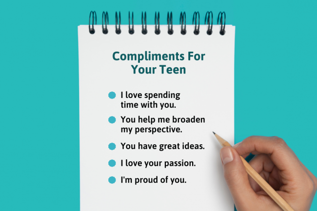 A wired notebook with examples of compliments for your teen.