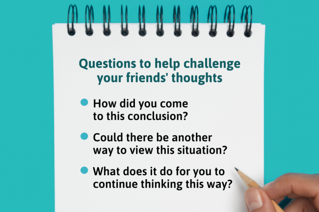 Challenge your friend by asking how they came to a conclusion, what this thinking does for them, and searching for other points of view.