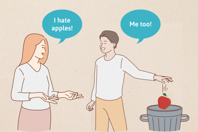 One person says they hate apples, while the other agrees and throws their own apple away. 