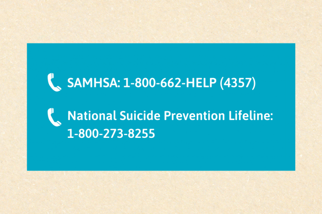 SAMHSA and National Suicide Prevention Lifeline phone numbers. 