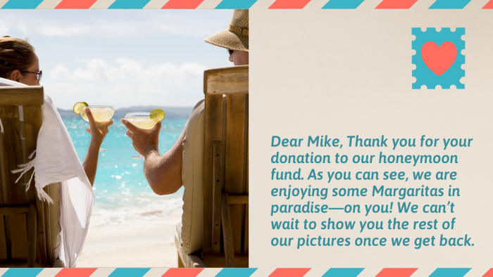 A postcard showing a couple drinking by the beach, with a thank-you-message to a friend who donated to their honeymoon fund. 