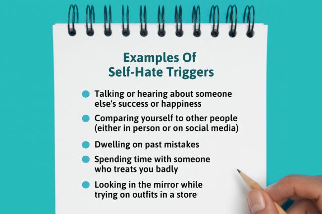 Self-hate triggers may be others' success, comparisons, past mistakes, toxic friends, and trying on outfits in the mirror. 