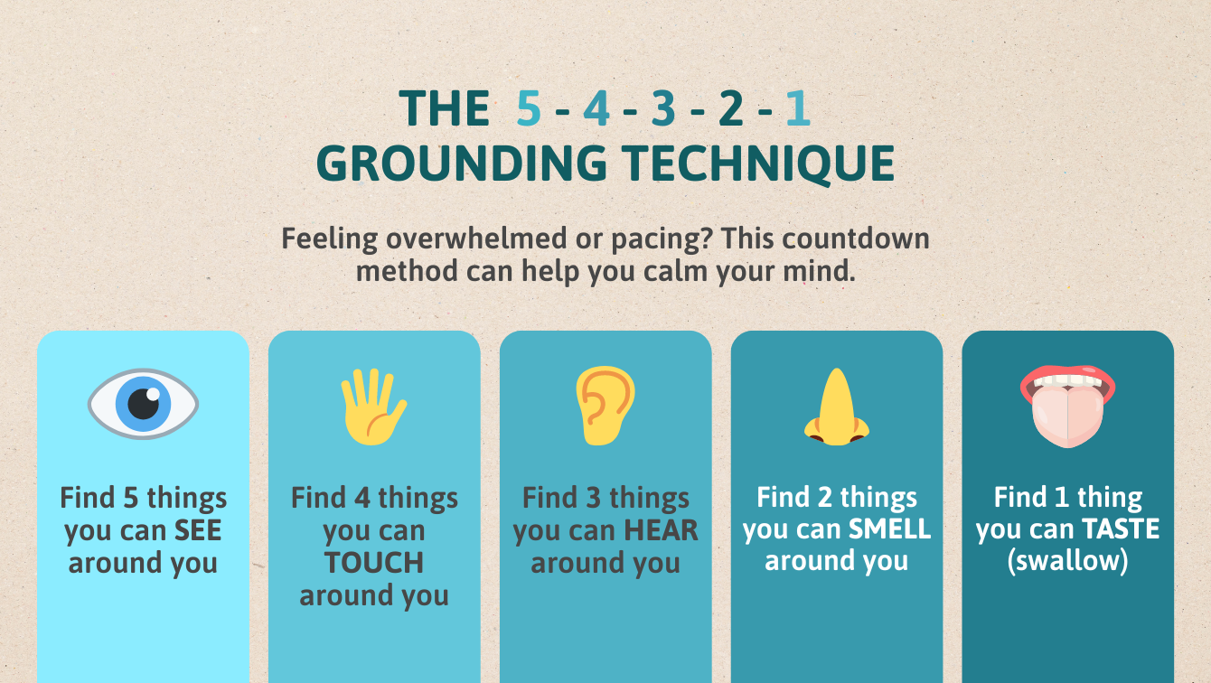 The 5-4-3-2-1 technique for grounding yourself: Find 5 things to see, 4 to touch, 3 to hear, 2 to smell, and 1 to taste. 