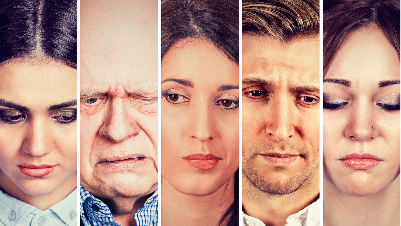 Five different sad faces illustrate that people have varied risk factors for social isolation and loneliness. 